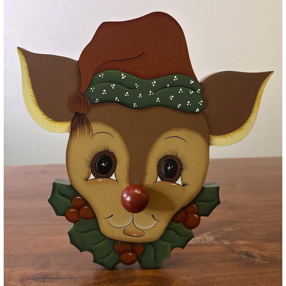 Vintage 90s HAND PAINTED Christmas Rudolph Wooden Wall Decor Music Box 11.5"